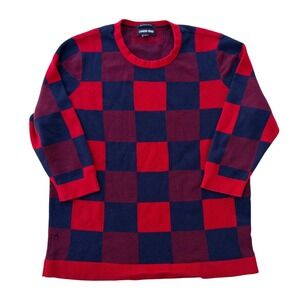 Lands End Womens Supima Cotton Checkerboard Sweater Red Navy Blue 3/4 Sleeve
